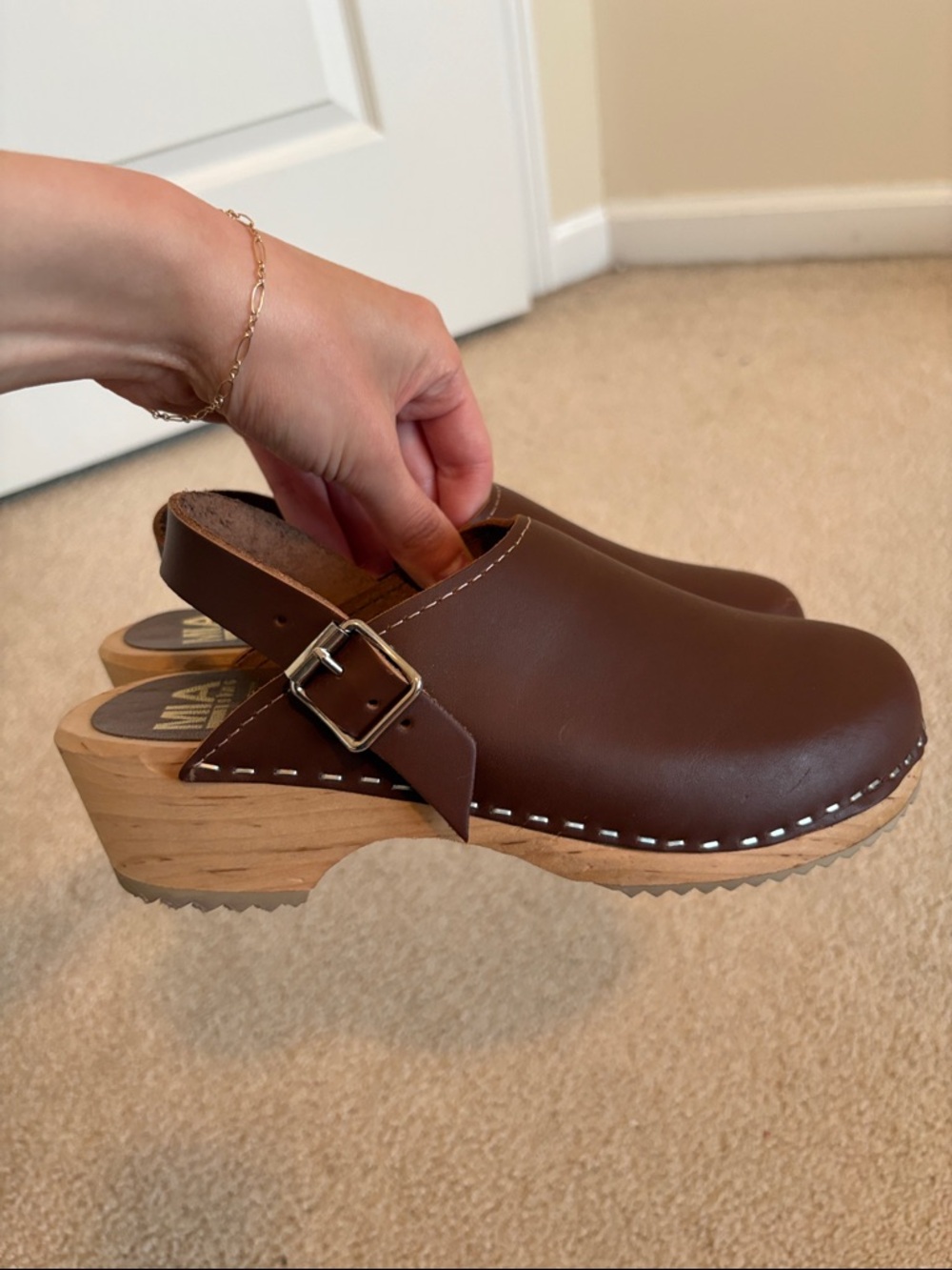Mia Sweden Alma Brown Leather wooden clog sandals 38